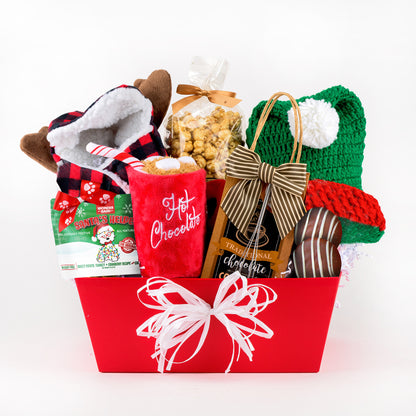 Holiday Hats and Hot Cocoa Christmas Dog Gift Basket