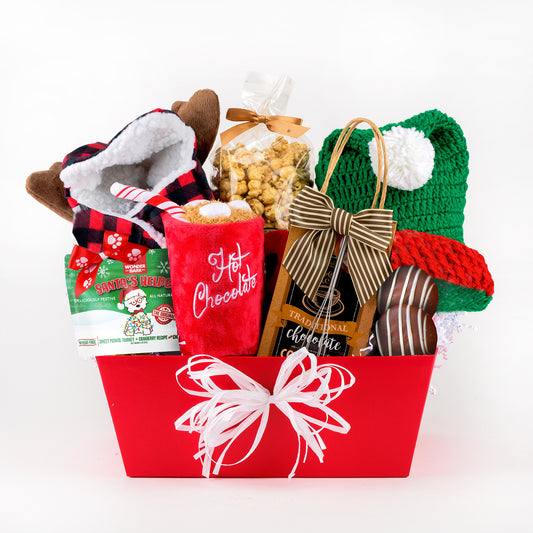Holiday Hats and Hot Cocoa Christmas Dog Gift Basket