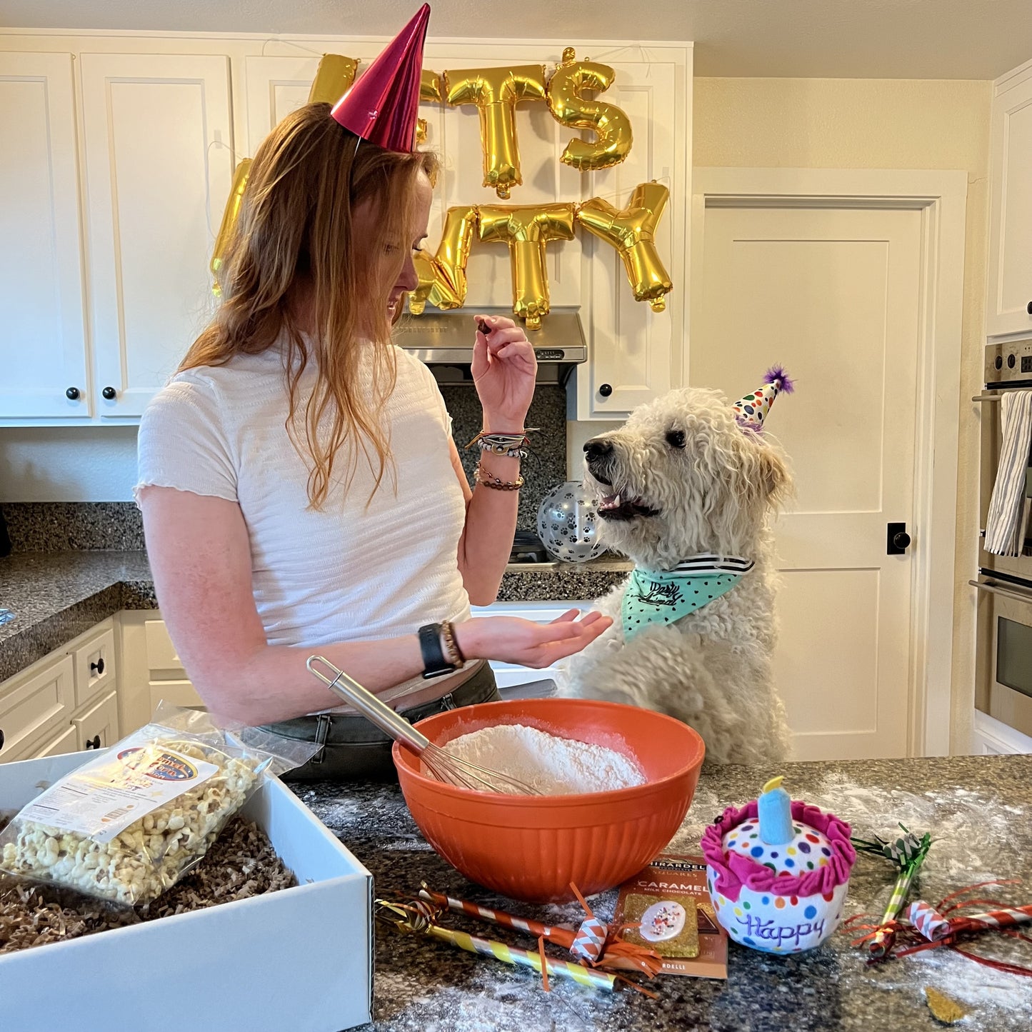 sammy and lucca enjoying the barking birthday bash buddies by lucca gift box
