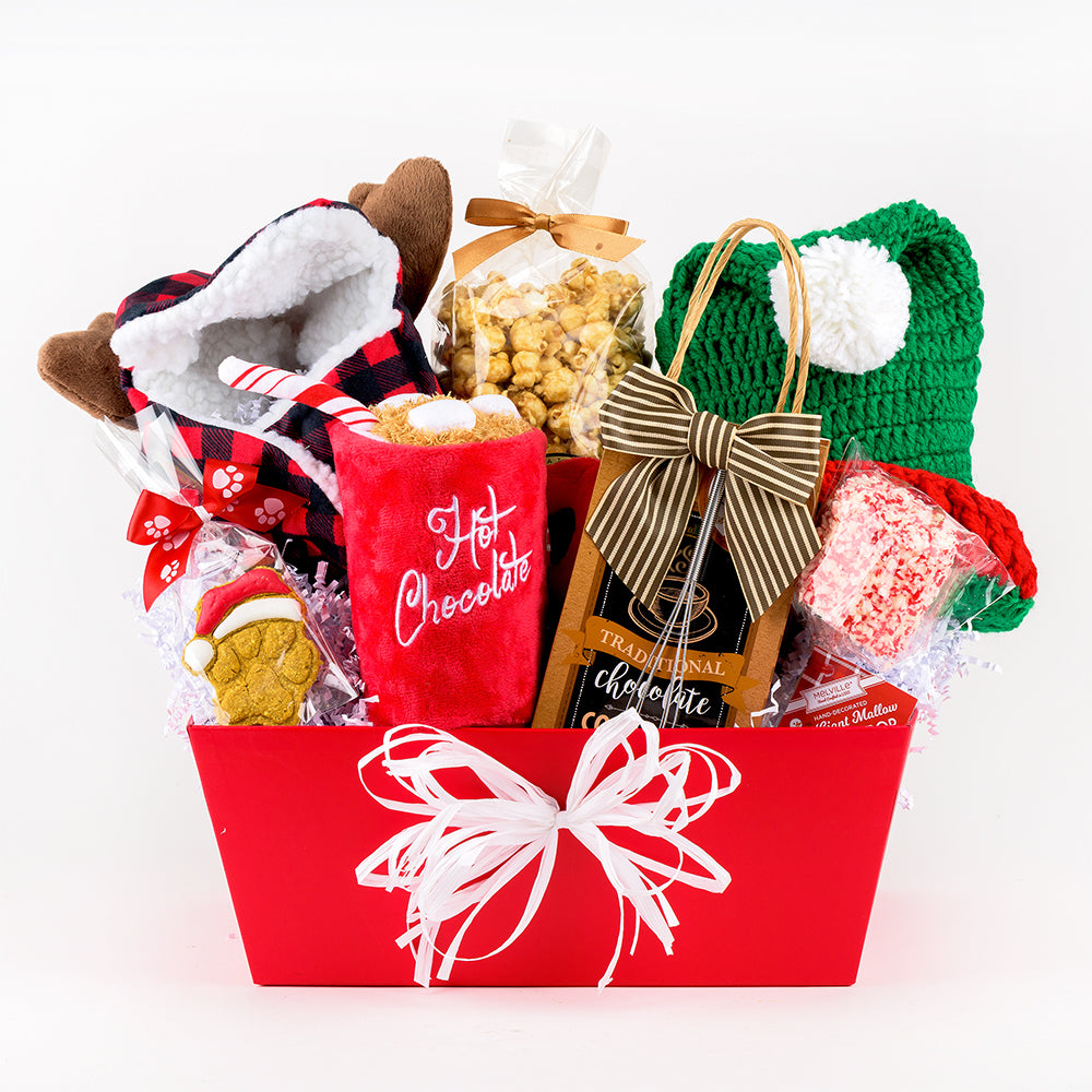 Holiday Hats and Hot Cocoa Christmas Dog Gift Basket