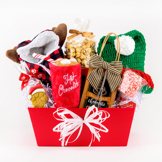 Holiday Hats and Hot Cocoa Christmas Dog Gift Basket