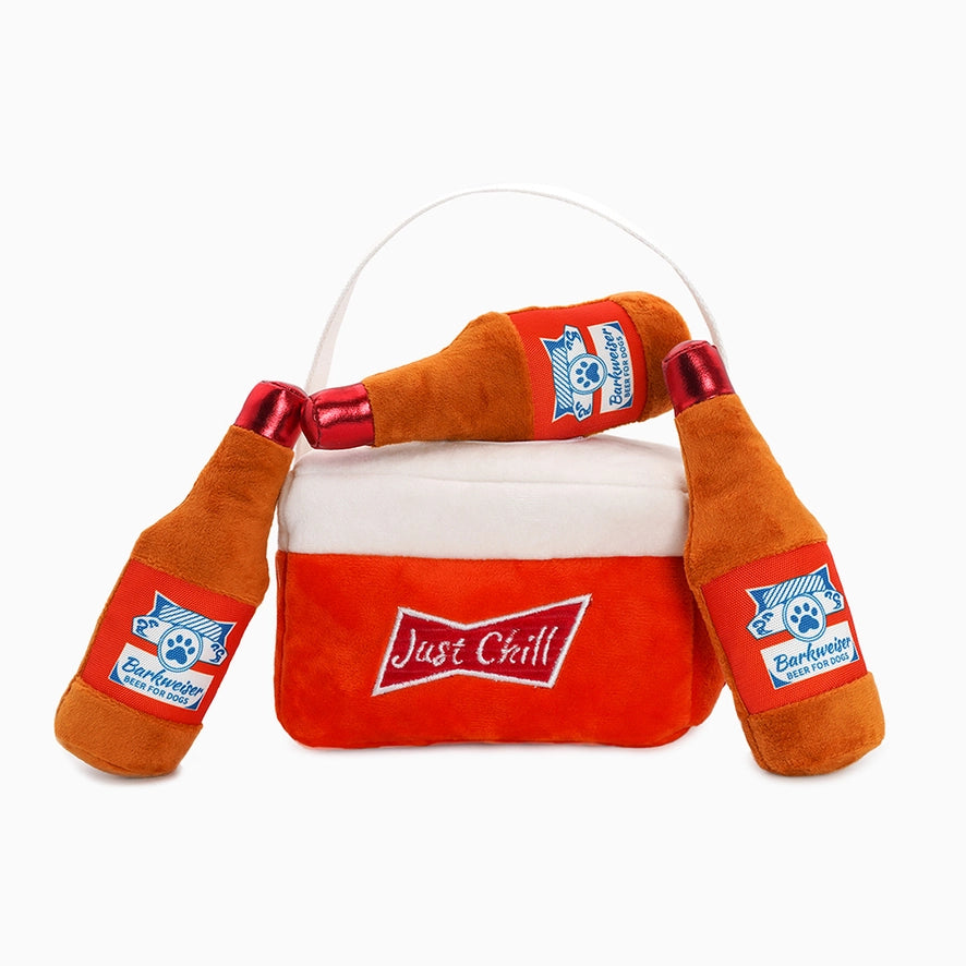 Interactive Beer Cooler Plush Dog Toy